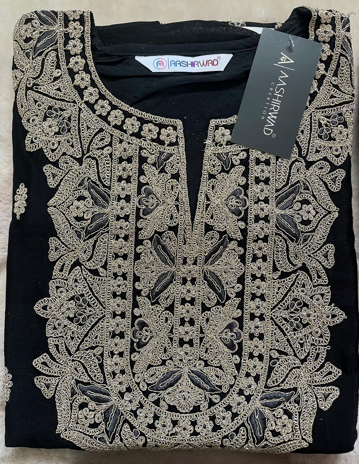 Mor-Bagh Black & Beige Embroidered Chinon Silk Plazo Kurti Set