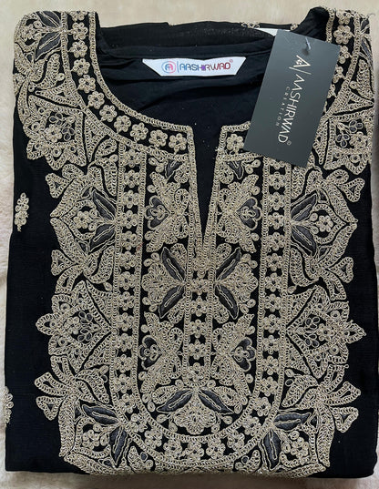 Mor-Bagh Black & Beige Embroidered Chinon Silk Plazo Kurti Set