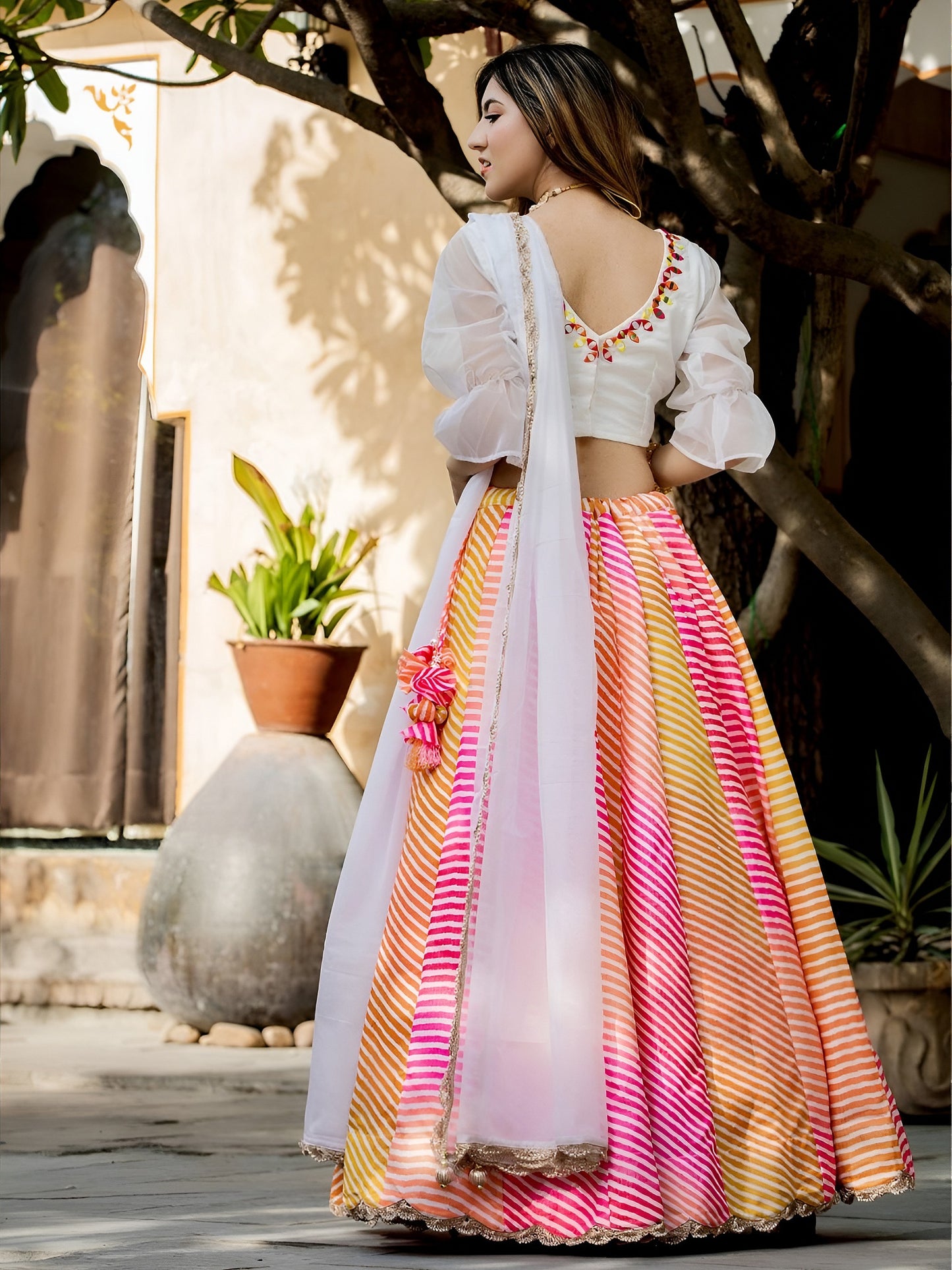 Multicolor Leheriya Printed Lehenga Choli with White Dupatta
