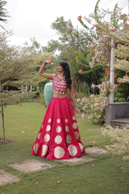 Roman Silk Polka Dot Lehenga Set with Mirror Work Choli