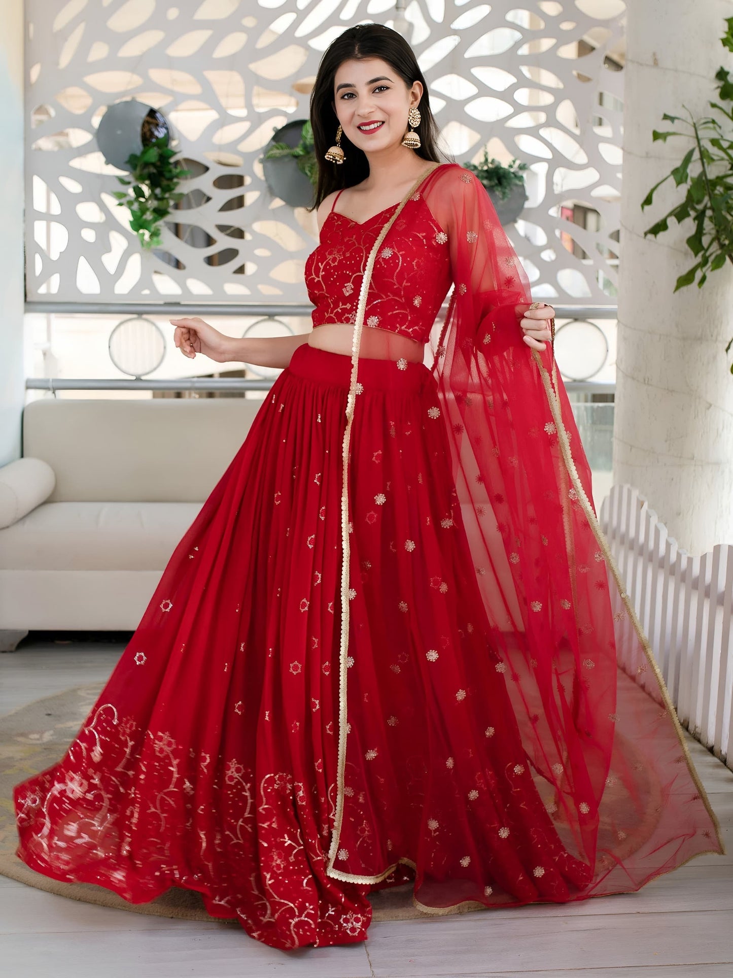 Red Embroidered Festive Lehenga Choli Set