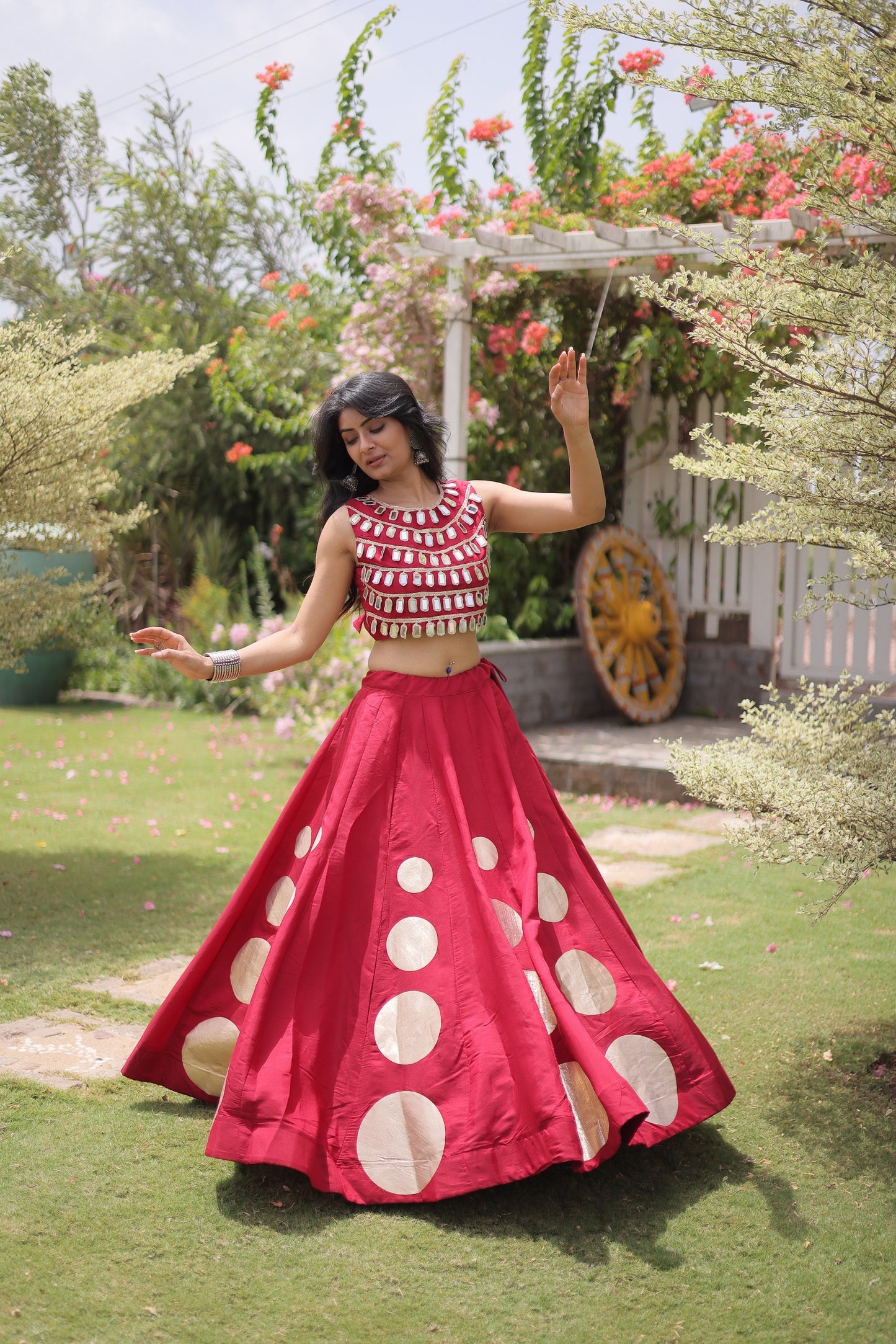 Roman Silk Polka Dot Lehenga Set with Mirror Work Choli