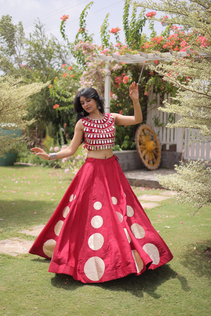 Roman Silk Polka Dot Lehenga Set with Mirror Work Choli