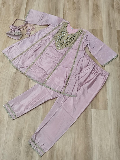Premium Mirror Work Kurti Pant Set with Bell Sleeves & Batwa