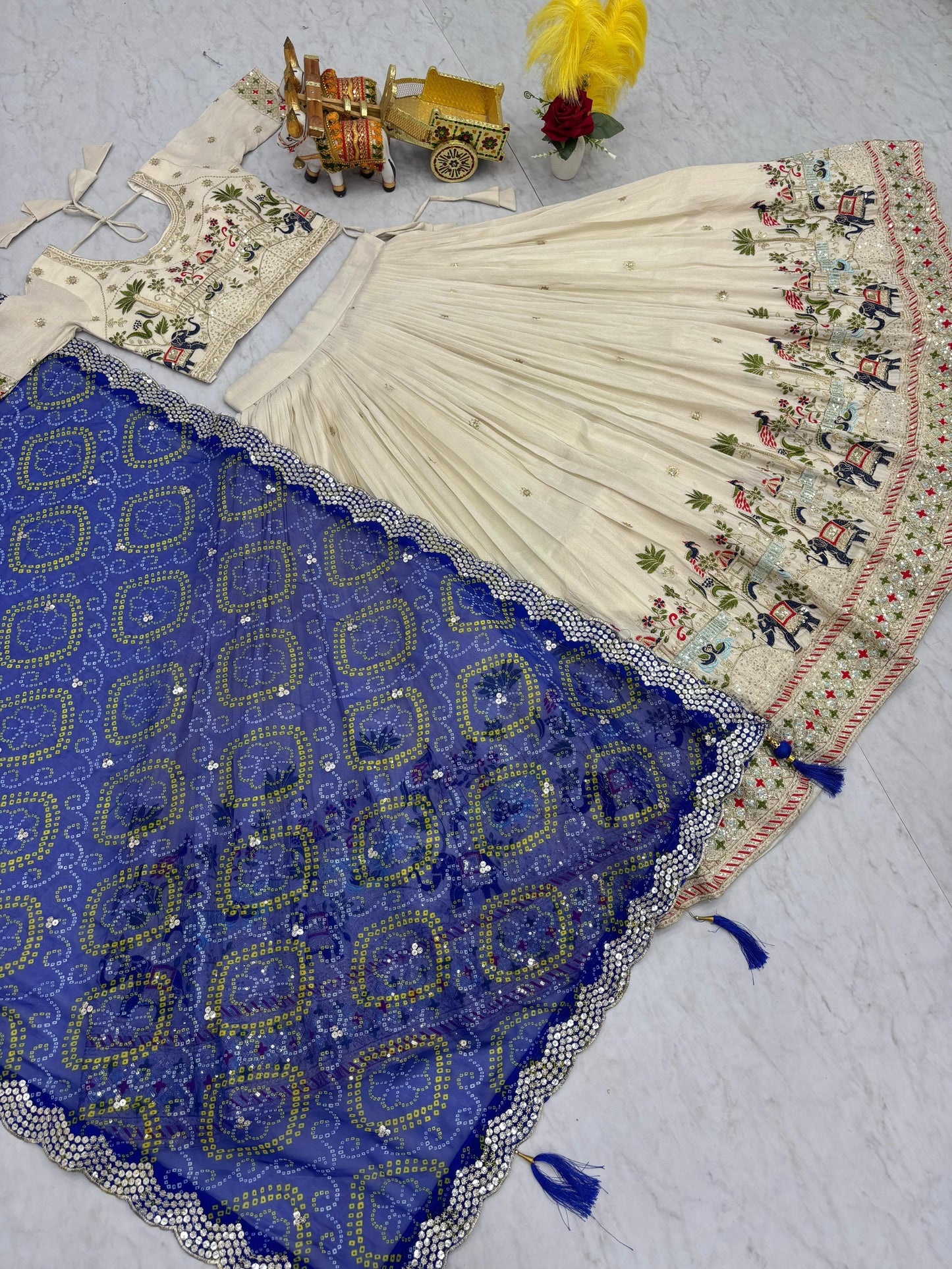 Ivory Elephant Motif Embroidered Lehenga Set with Bandhani Dupatta