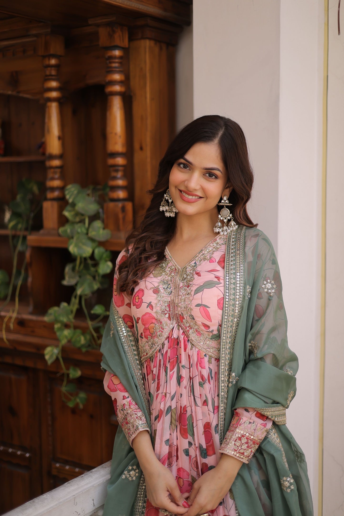 Floral digital printed gown with dupatta