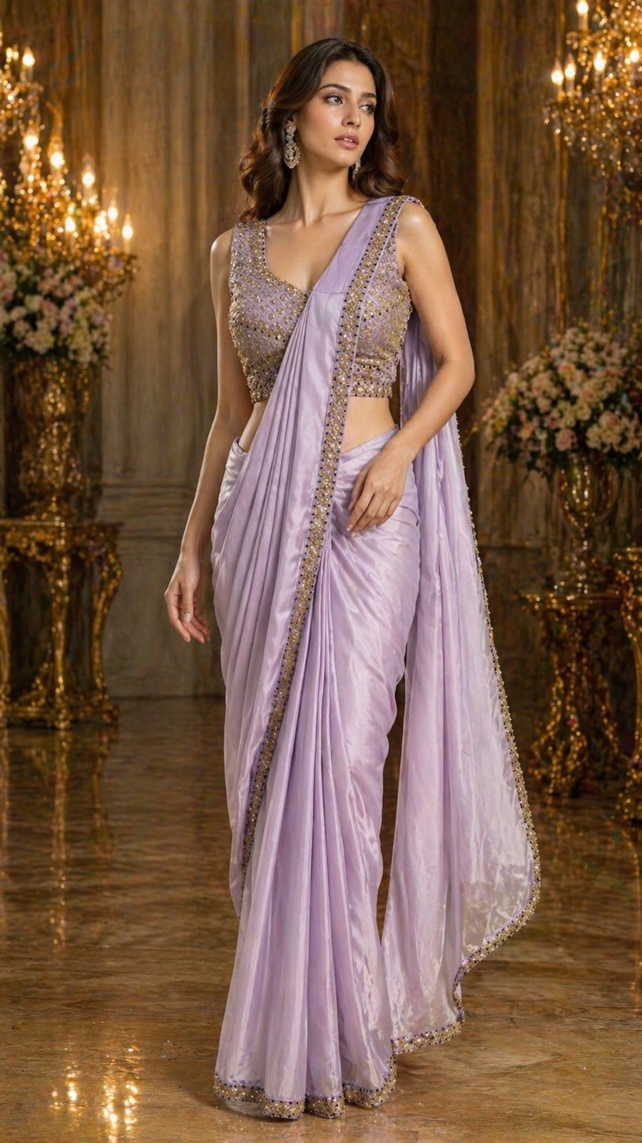 Satin Silk Ready-to-Wear Saree with Embellished Beads-Work Blouse