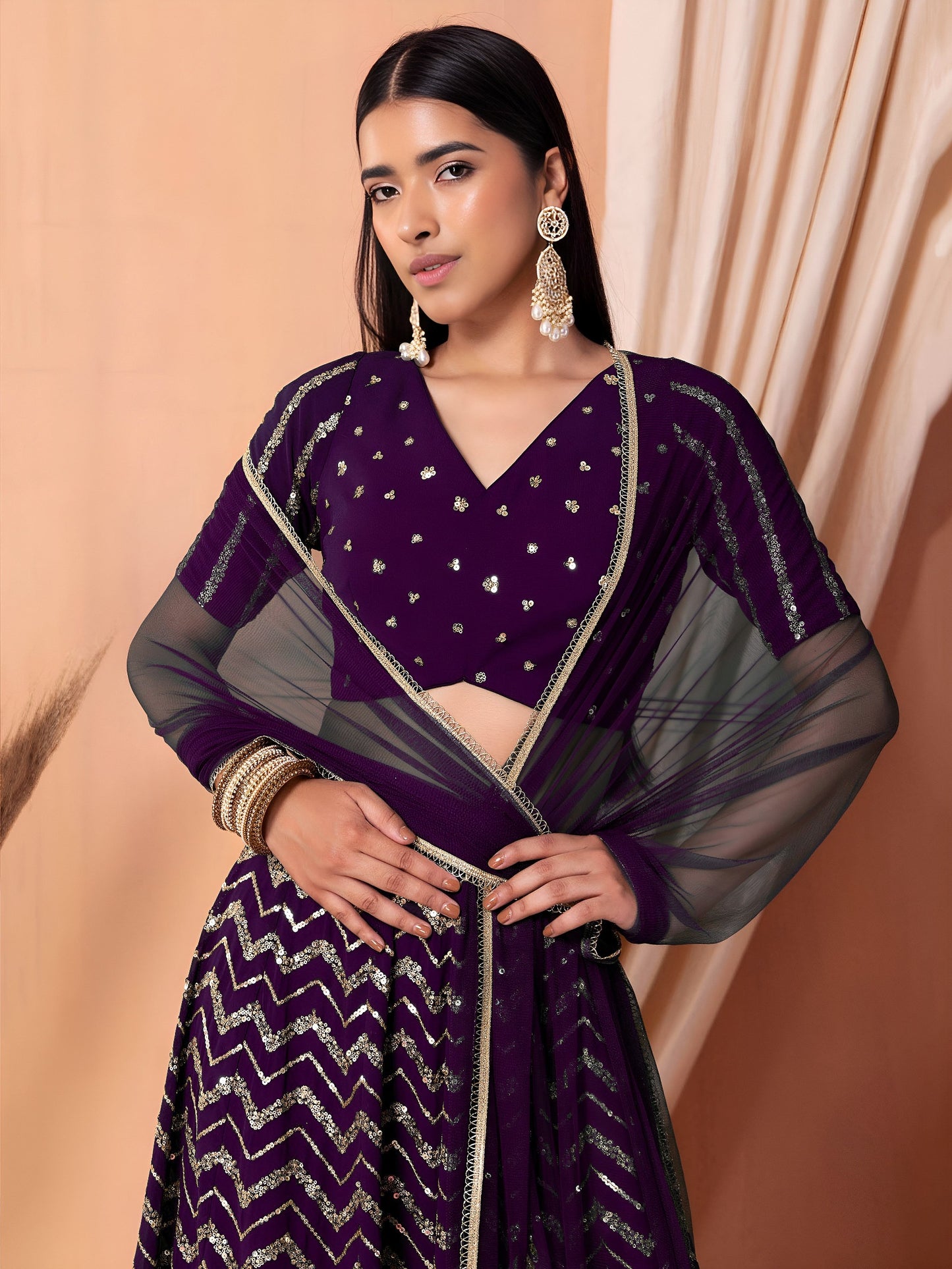 Regal Purple Zigzag Sequins Lehenga Choli