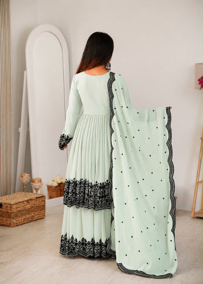 Premium Faux Georgette Embroidery Thread Plazo Suit Set with Dupatta