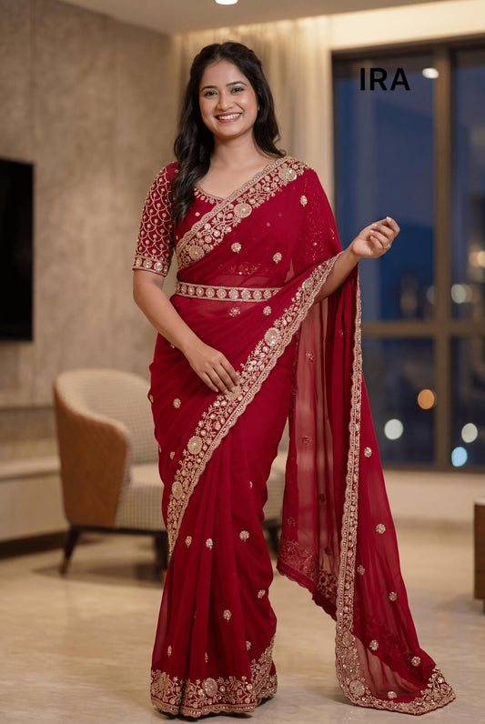 Full Heavy Beads & Sequins Work Embroidery Work Party Wear Saree