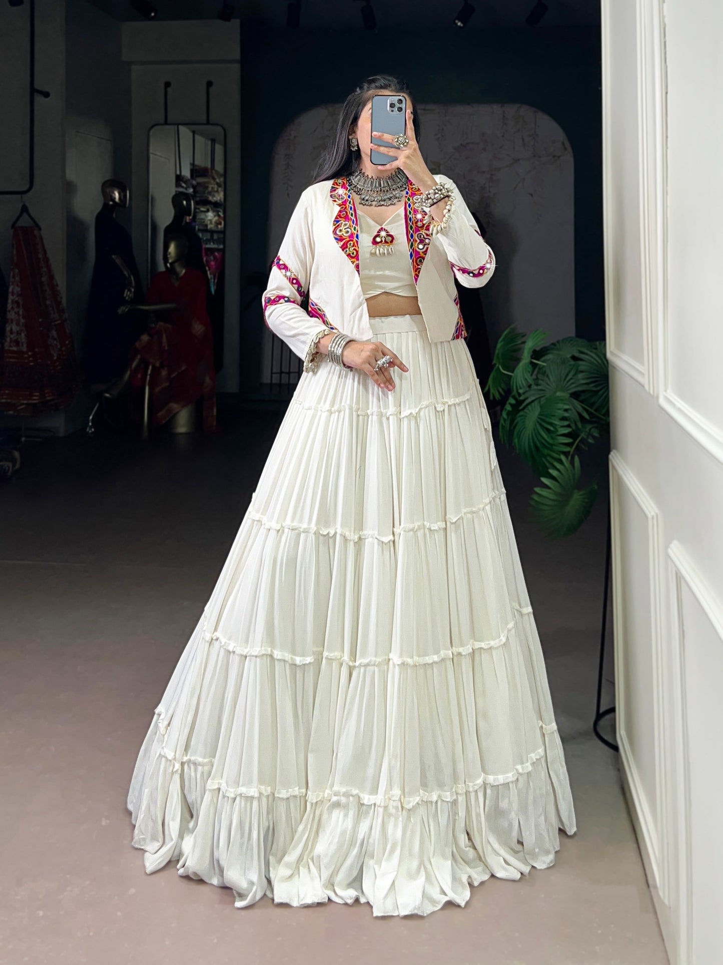 Navratri Special Georgette Flared Lehenga with Embroidered Koti Jacket