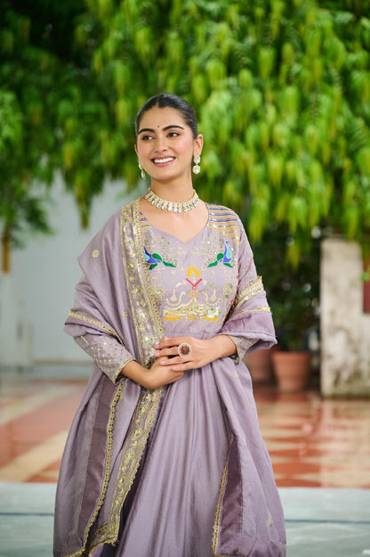 Vichitra Silk Anarkali Gown with Zari Sequin & Multi-Thread Embroidery