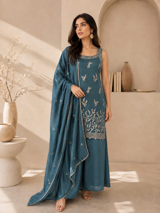Embroidered Vichitra Silk Plazo Set