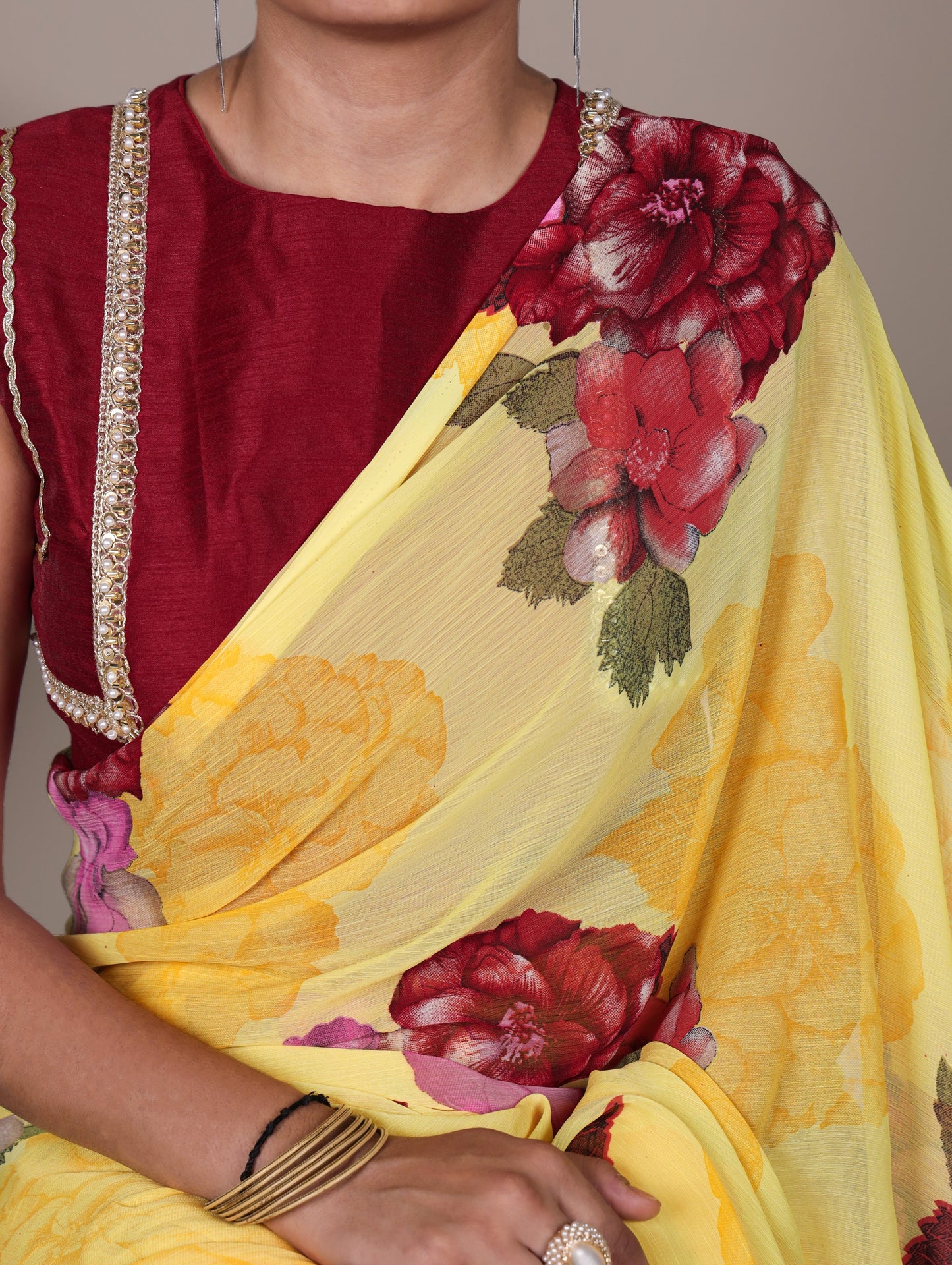Chiffon Floral Printed Saree with Stitched Banglory Blouse