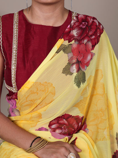 Chiffon Floral Printed Saree with Stitched Banglory Blouse