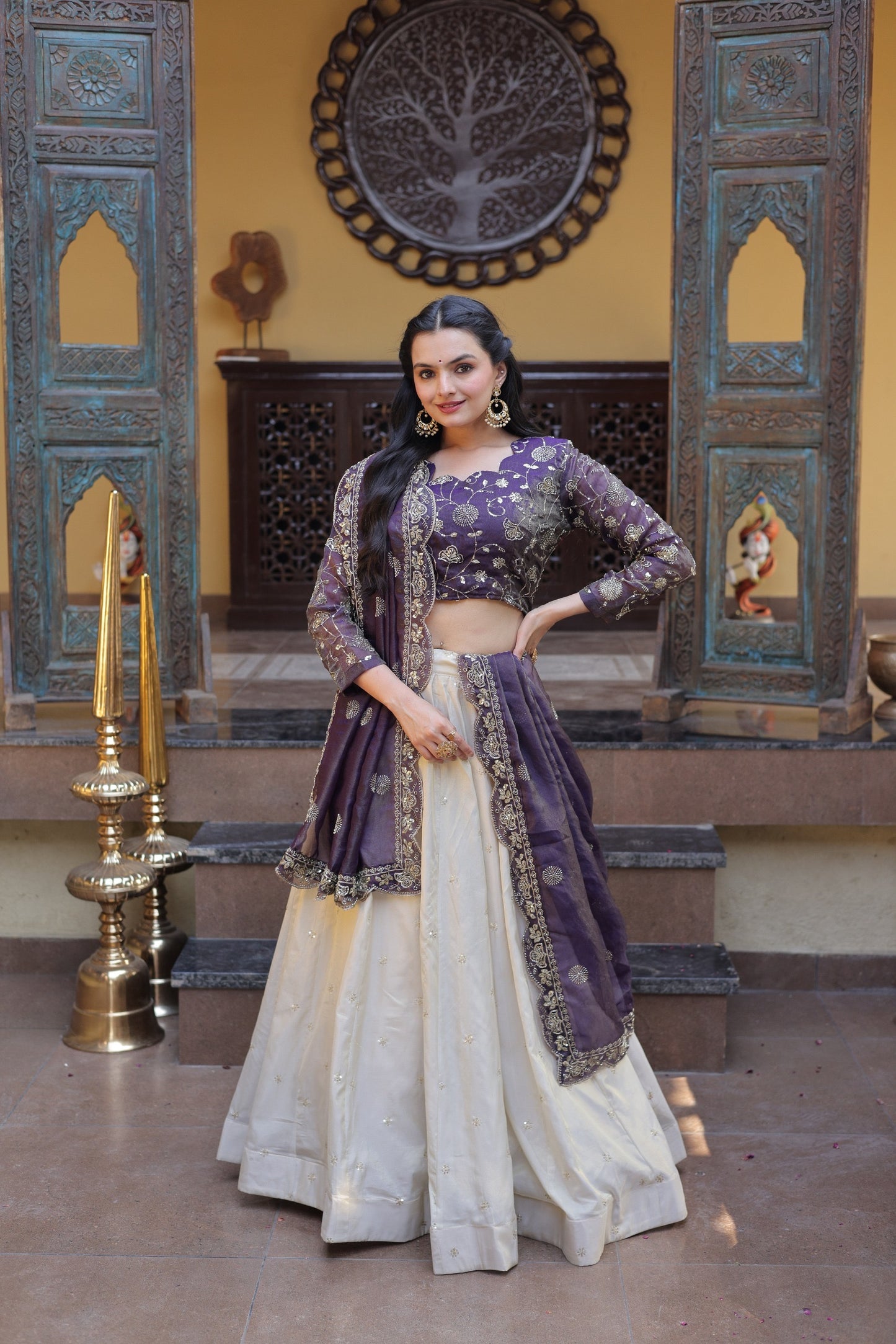 Floral Zari Work Ethnic Lehenga Choli with Scalloped Dupatta