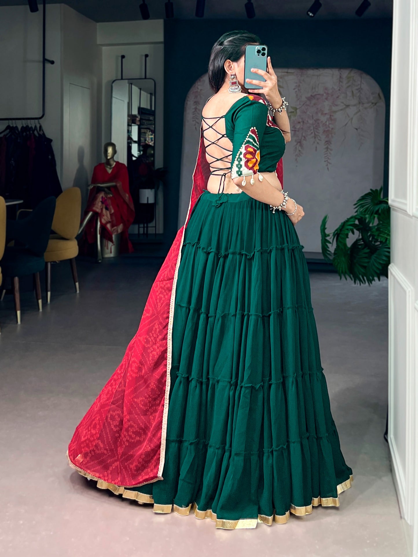 Navratri Special Bottle Green Marble Lehenga Choli with Red Bandhani Dupatta