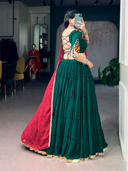 Navratri Special Bottle Green Marble Lehenga Choli with Red Bandhani Dupatta
