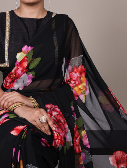 Chiffon Floral Printed Saree with Stitched Banglory Blouse