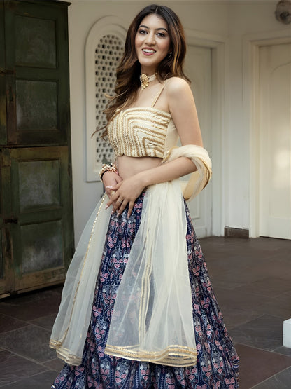 Navy Blue Printed Lehenga Choli with Cream Dupatta