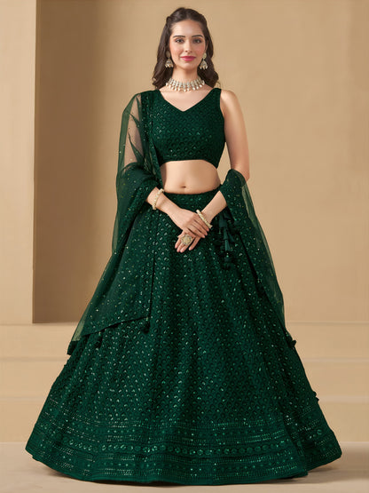 Turn heads in this captivating green georgette lehenga choli