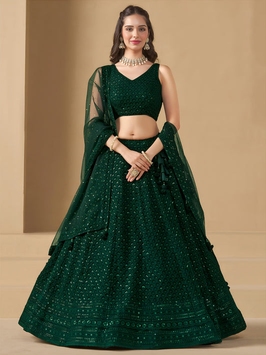 Turn heads in this captivating green georgette lehenga choli