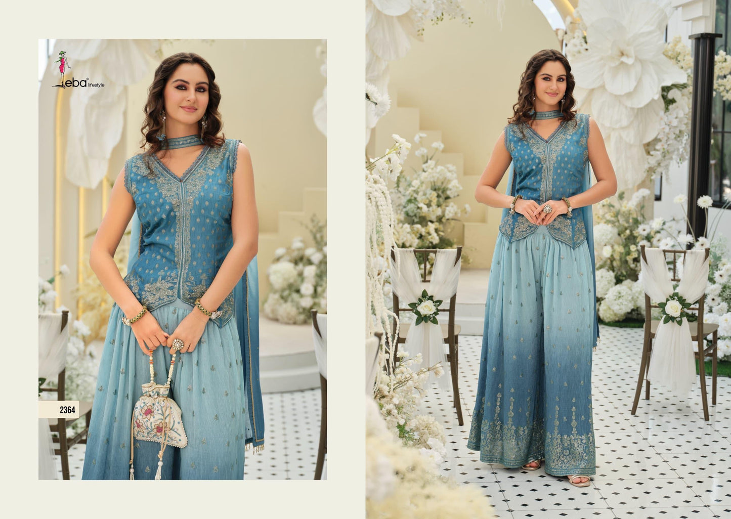 Contemporary jacket-style kurta paired with flowing wide-leg sharara pants