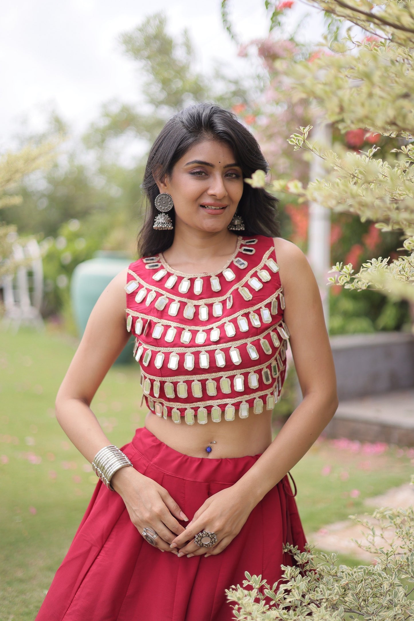 Roman Silk Polka Dot Lehenga Set with Mirror Work Choli