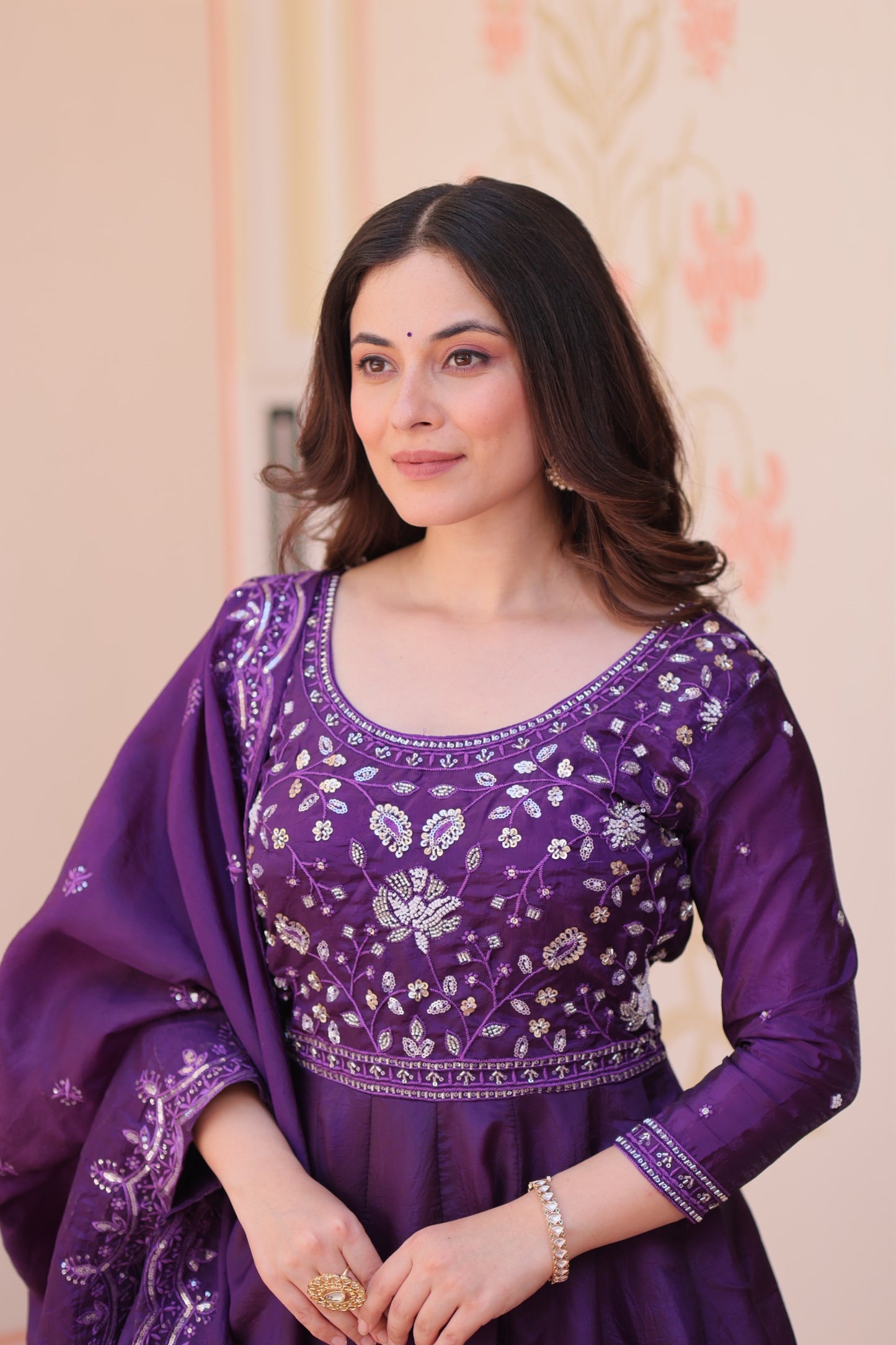 Anarkali Flared Gown with Gold Crush Fabric & Beads Embroidery