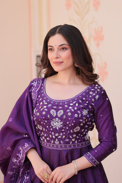 Anarkali Flared Gown with Gold Crush Fabric & Beads Embroidery