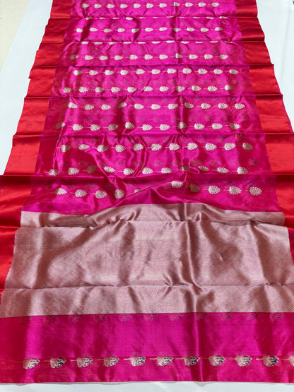 Fuchsia & Vermilion Zari Weave Chanderi Katan Silk Saree