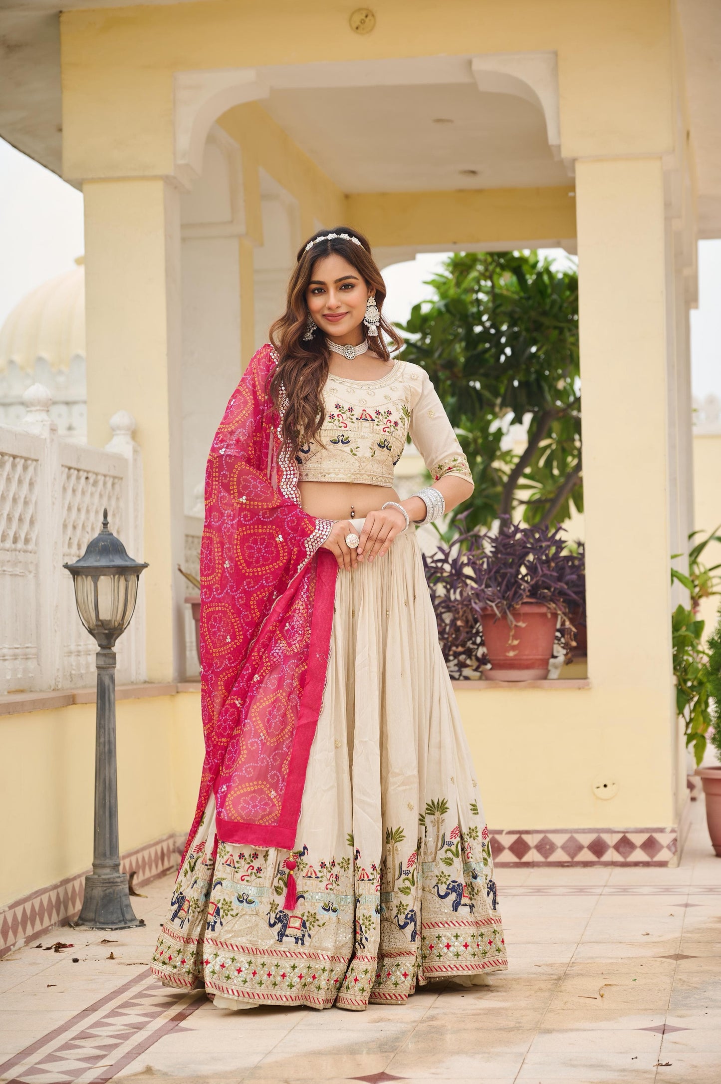 Ivory Elephant Motif Embroidered Lehenga Set with Bandhani Dupatta