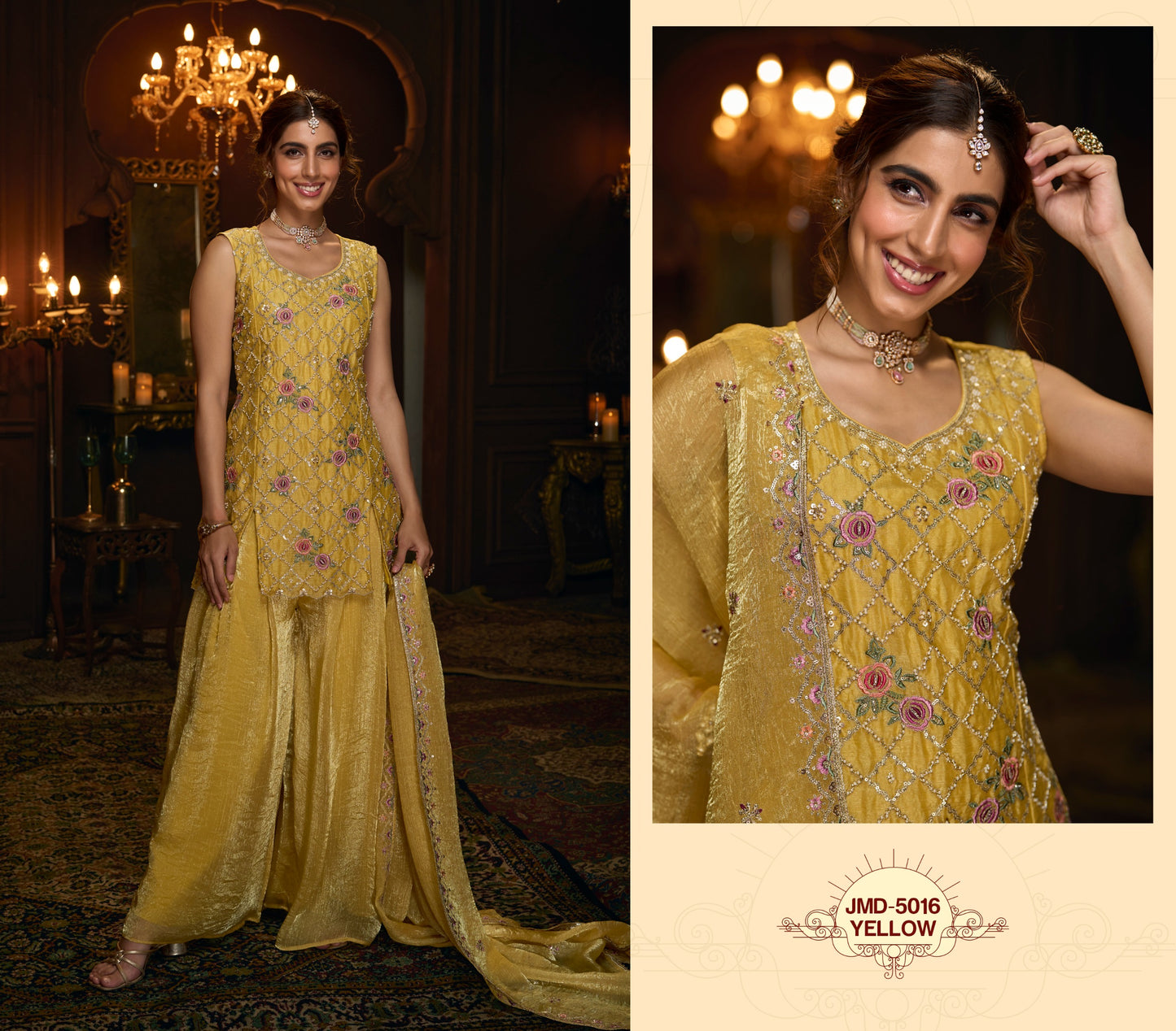 Yellow Floral Embroidered Fendi Kurta Sharara Set with Dupatta