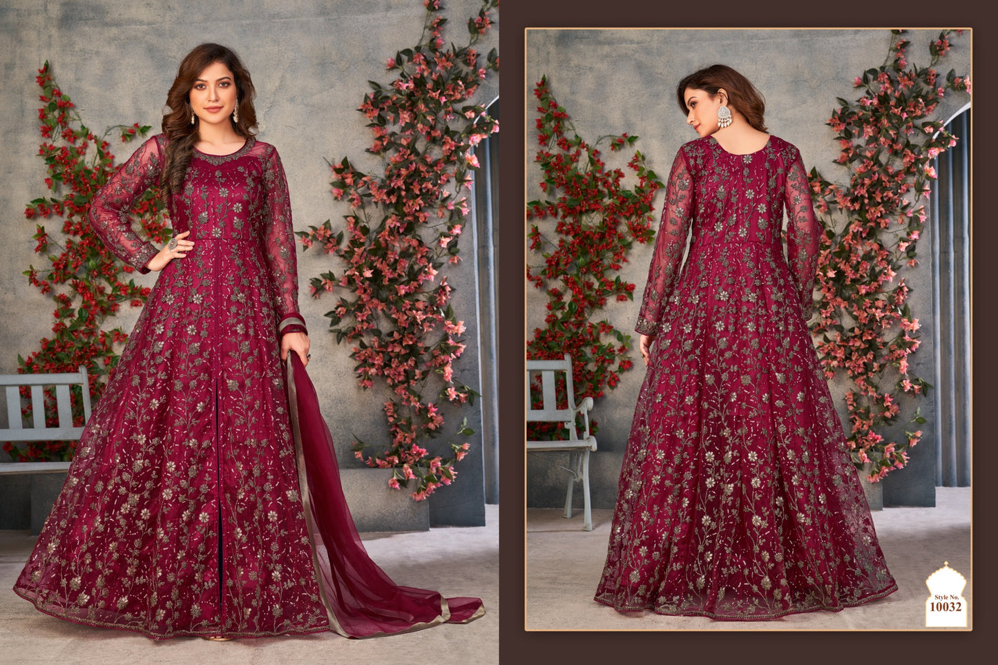 Floral Embroidered Net Front-Open Suit with Satin Pants & Dupatta