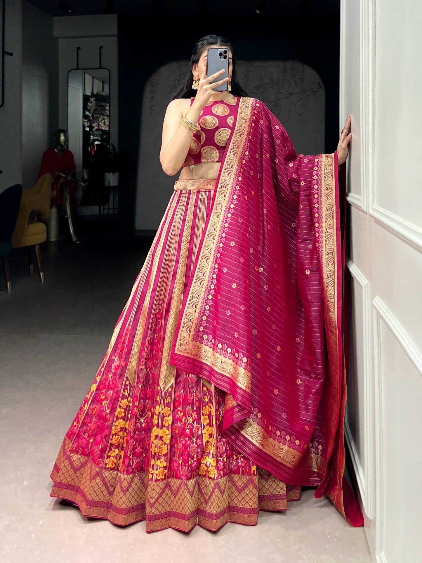 Regal Banarasi Silk Lehenga Choli with Zari Weaving & Dupatta
