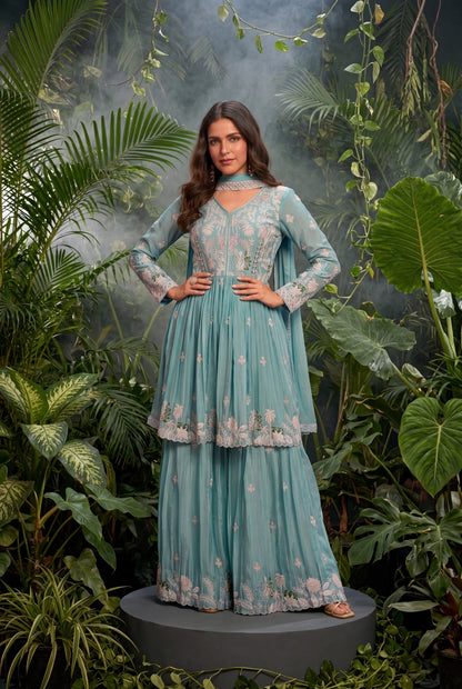 Floral Embroidered Frock-Style Chinon Sharara Set with Dupatta