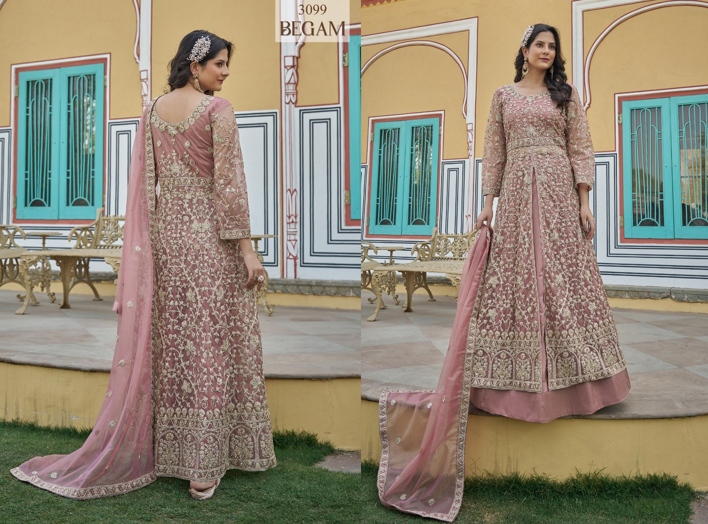 Embroidered Jacket-Style Anarkali Gown with Matching Lehenga & Net Dupatta