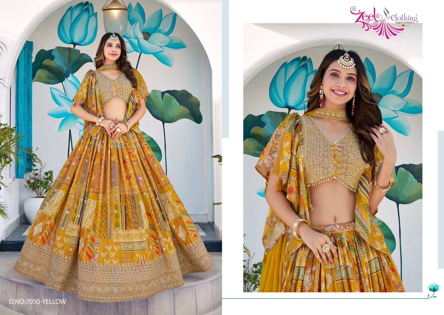 Voluminous printed lehenga paired with matching patterned cape-style dupatta