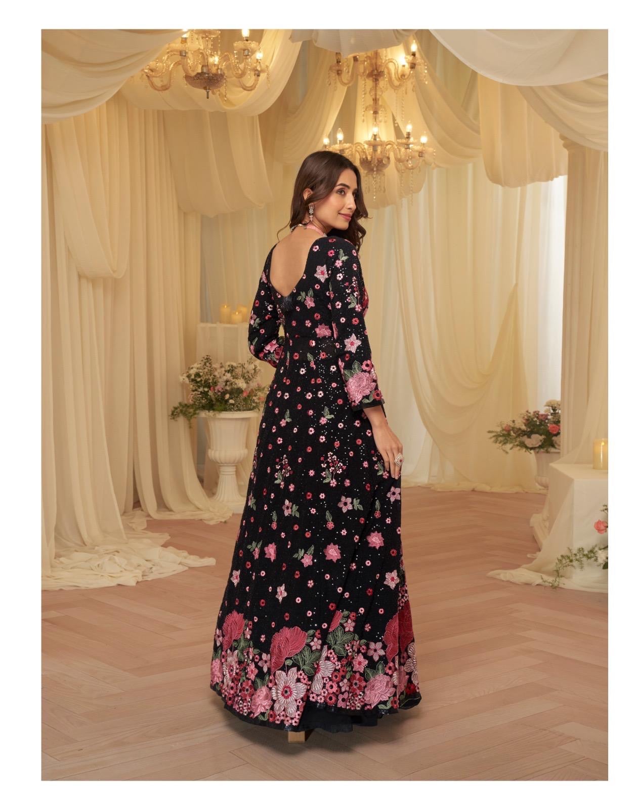 Floor-length, front-jacket floral embroidered lehenga
