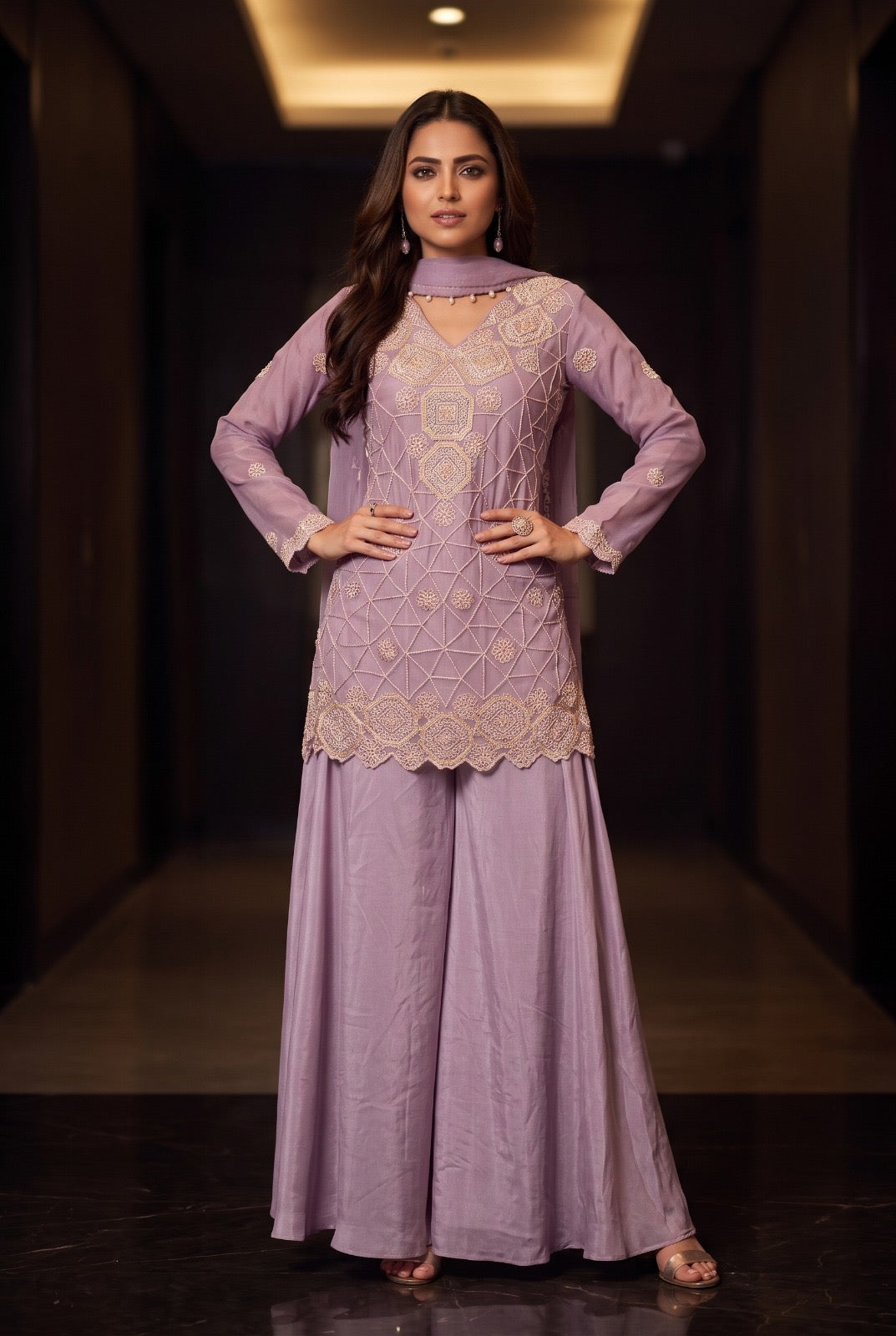Glamorous Geometric Embroidered Sharara Set