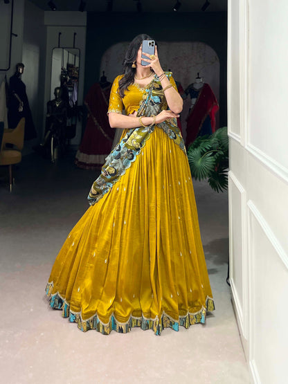 Vichitra Silk Lehenga Choli with Kalamkari Print Border & Tasar Silk Dupatta