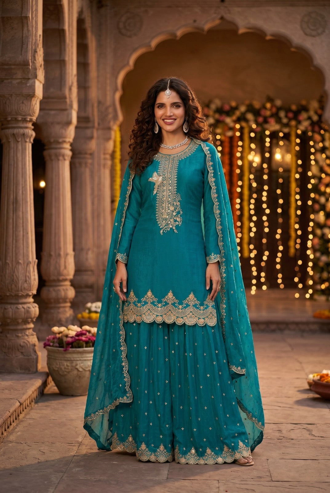 Festive Tora Silk Plazo Set with Embroidery work