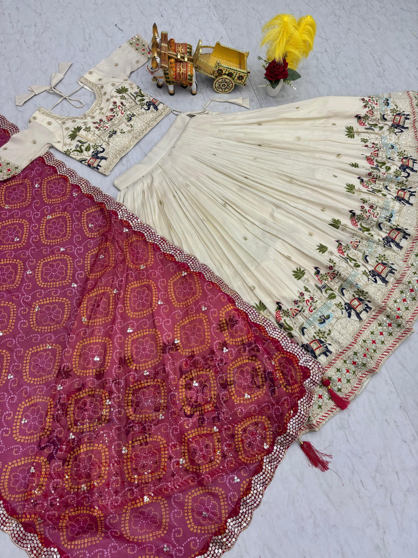 Ivory Elephant Motif Embroidered Lehenga Set with Bandhani Dupatta