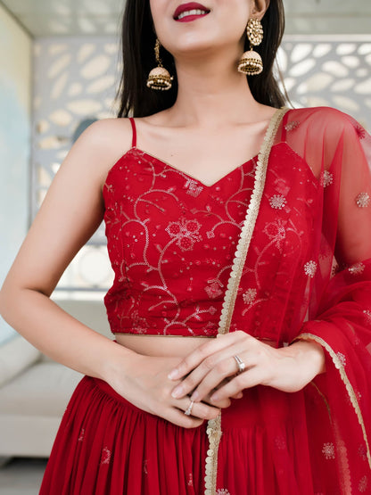Red Embroidered Festive Lehenga Choli Set