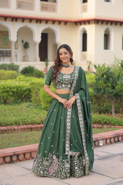 Forest Green Floral & Peacock Embroidery Lehenga Choli