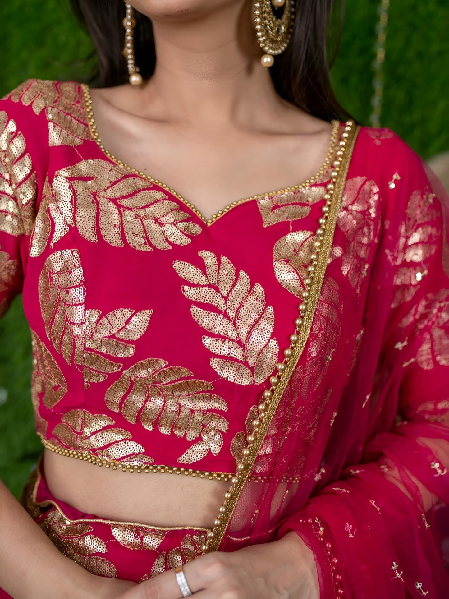 Hot Pink Designer Lehenga with Golden Leaf Embroidery