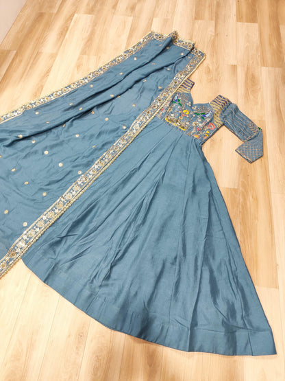 Vichitra Silk Anarkali Gown with Zari Sequin & Multi-Thread Embroidery