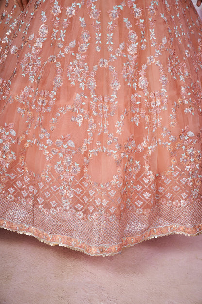 Peach Pink Embroidered Net Lehenga Choli