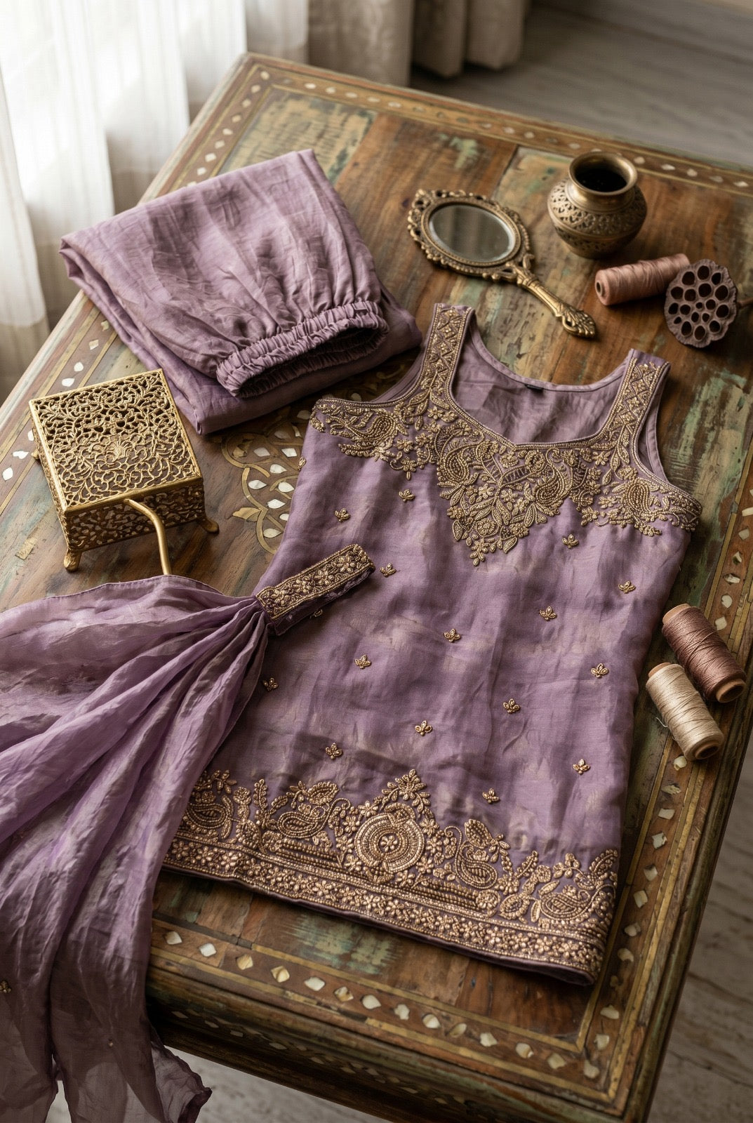 Tora Silk Plazo Kurta Set with Embroidery & Choker Style Cape Dupatta