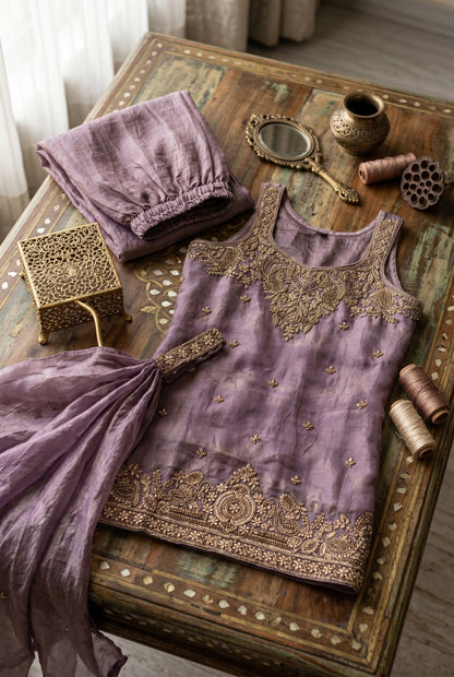 Tora Silk Plazo Kurta Set with Embroidery & Choker Style Cape Dupatta